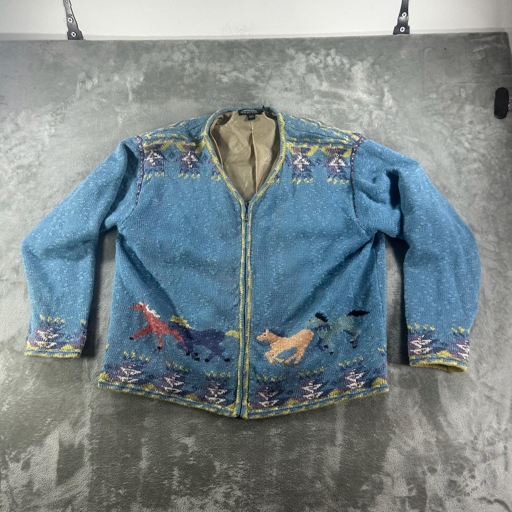 Icelandic Design Sweater Womens XL Blue Full Zip Lined Horse Knit Western